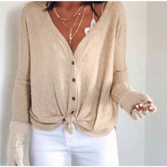 Urban Outfitters Out From Under Jojo Beige Waffle Knit Button Thermal Top M - Picture 14 of 14